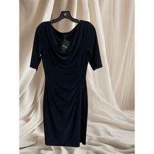 Lauren Ralph Lauren Women's Navy Blue Cowl Neck Knee Length Dress Size 6 Formal
